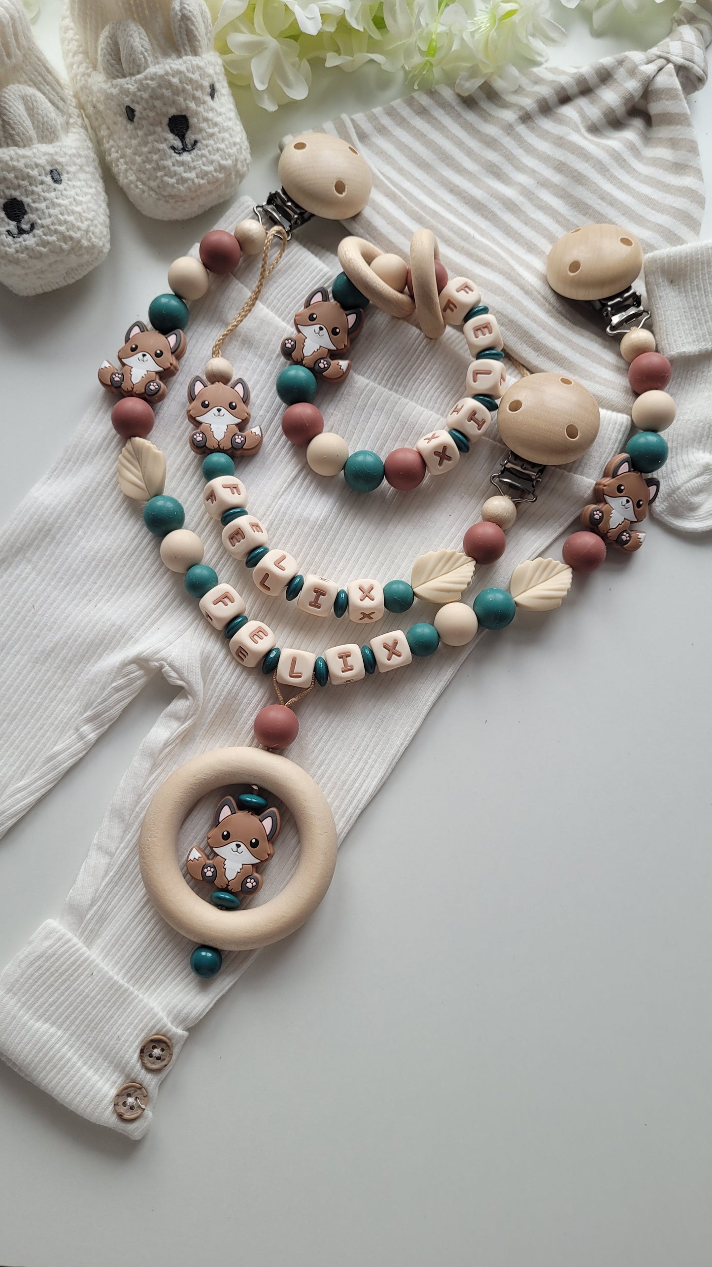 3tlg.Set Schnullerkette Kinderwagenkette & Greifring mit Namen Fuchs petrol beige