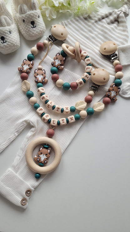 3tlg.Set Schnullerkette Kinderwagenkette & Greifring mit Namen Fuchs petrol beige