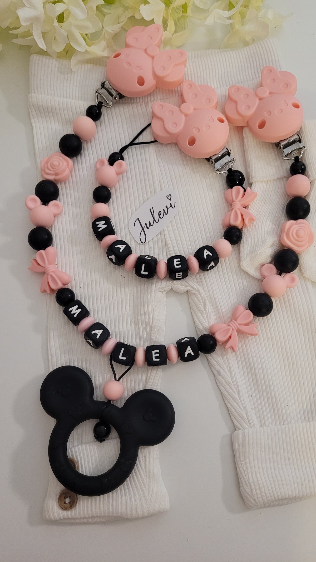 Kinderwagenkette & Schnullerkette Set mit Namen Maus apricot Holz Silikon | personalisiert