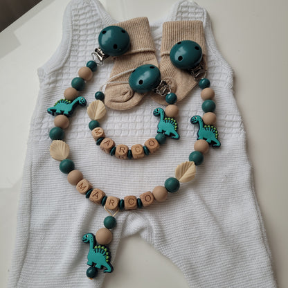 Kinderwagenkette & Schnullerkette mit Namen Dino petrol holz