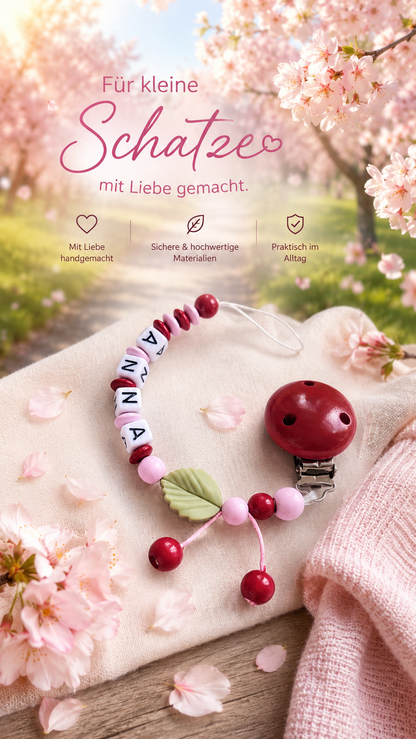 Schnullerkette mit Namen für Mädchen Kirschen rosa pink