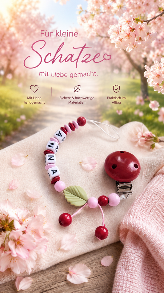 Schnullerkette mit Namen für Mädchen Kirschen rosa pink
