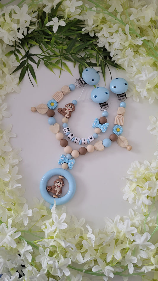 Kinderwagenkette & Schnullerkette *Äffchen*  hellblau beige