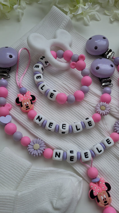 3tlg Set Pink flieder Maus Schnullerkette Kinderwagenkette und Greifring