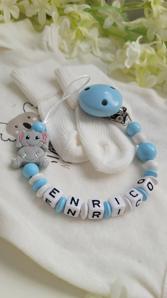 Schnullerkette mit Namen für Jungen Elefant hellblau weiss