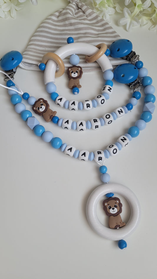 3tlg.Set Schnullerkette Kinderwagenkette & Greifring mit Namen Löwe blau