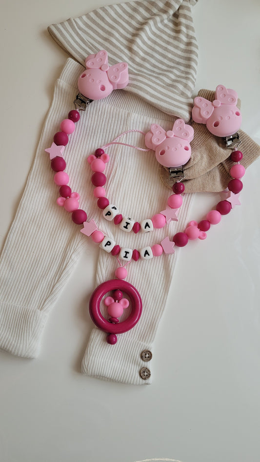 Kinderwagenkette & Schnullerkette mit Namen Maus pink