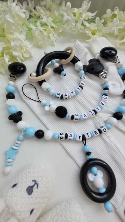 3tlg Set Schnullerkette Kinderwagenkette Greifling Maus blau schwarz