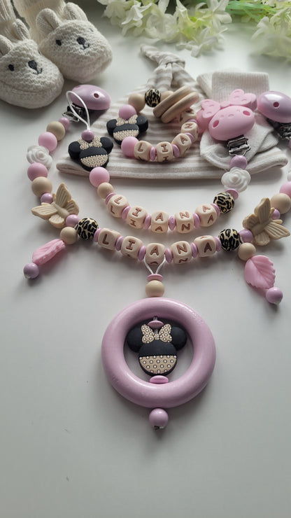 3er Set Schnullerkette Kinderwagenkette & Beissring mit Namen Mäuse & Schmetterlinge beige weiss rosa