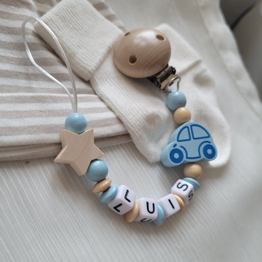 Schnullerkette für Jungen mit Namen Auto & Stern holz blau