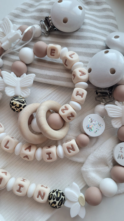 3er Set Schnullerkette Kinderwagenkette & Beissring mit Namen  Schmetterlinge leo weiss taupe