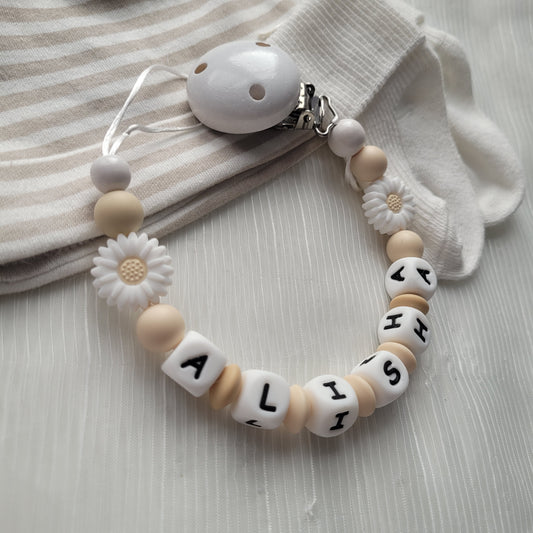 Schnullerkette mit Namen für Mädchen Blümchen weiss beige