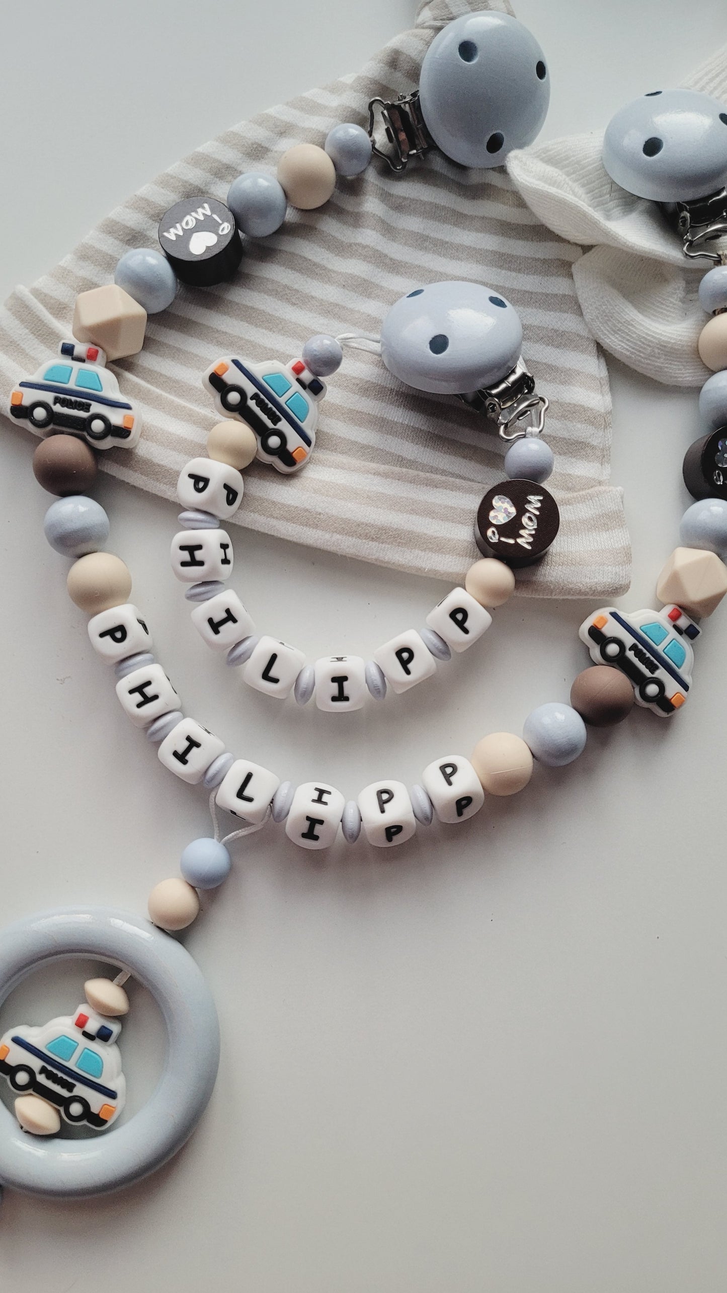 Kinderwagenkette & Schnullerkette mit Namen Polizei beige braun grau blau