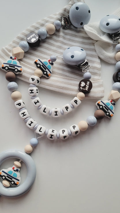 Kinderwagenkette & Schnullerkette mit Namen Polizei beige braun grau blau