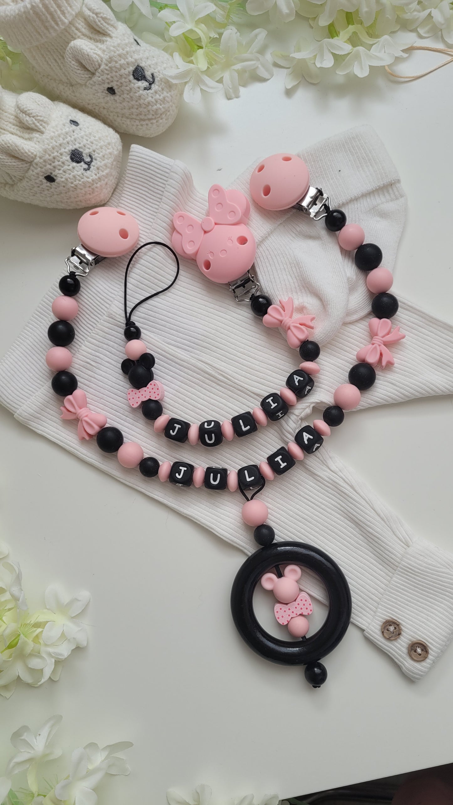 Kinderwagenkette & Schnullerkette apricot schwarz Set für Mädchen