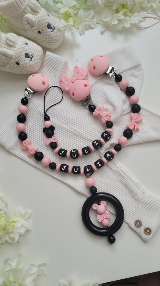 Kinderwagenkette & Schnullerkette apricot schwarz Set für Mädchen