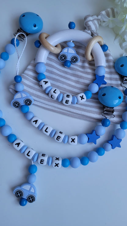 3tlg.Set Schnullerkette Kinderwagenkette & Greifring mit Namen Auto blau