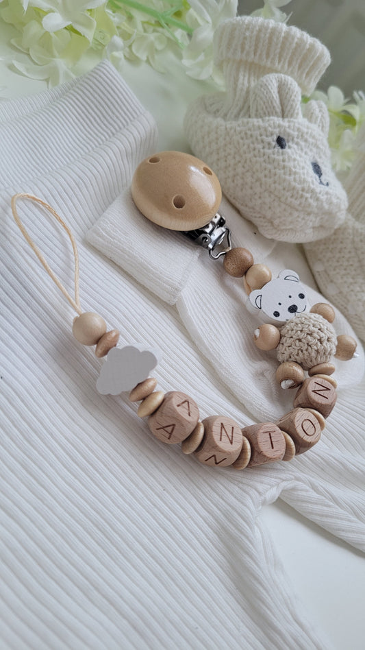 Schnullerkette mit Namen Bärchen holz und Wolke