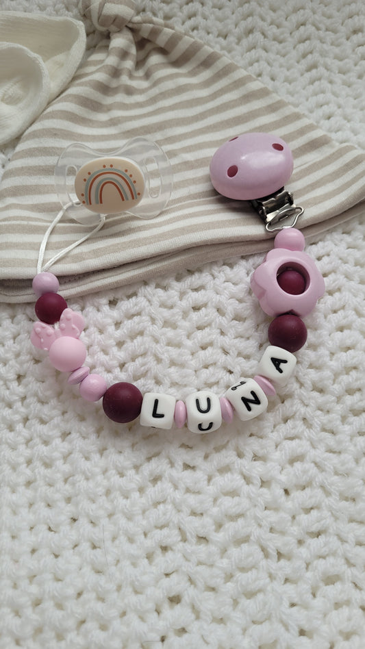 Schnullerkette mit Namen für Mädchen Maus rosa weinrot