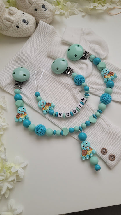 Kinderwagenkette & Schnullerkette mit Namen Schildkröte mint türkis