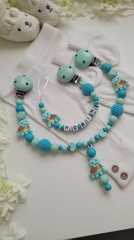 Kinderwagenkette & Schnullerkette mit Namen Schildkröte mint türkis