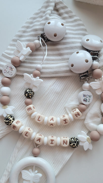 3er Set Schnullerkette Kinderwagenkette & Beissring mit Namen  Schmetterlinge leo weiss taupe