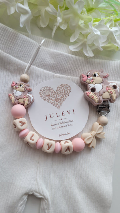 Schnullerkette mit Namen für Mädchen Hase & Schleife rosa beige