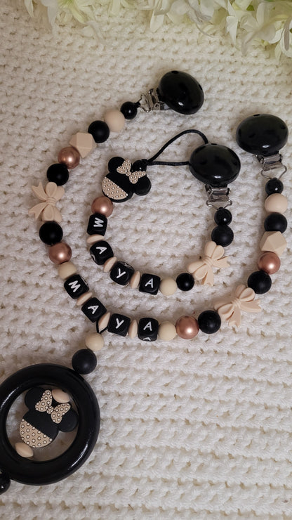 Kinderwagenkette & Schnullerkette mit Namen Minnie perlgold beige schwarz
