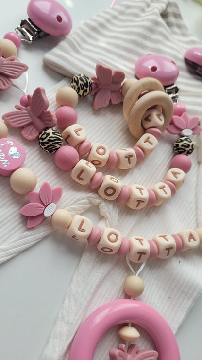 3er Set Schnullerkette Kinderwagenkette & Beissring mit Namen  Blumen &Schmetterlinge beige altrosa