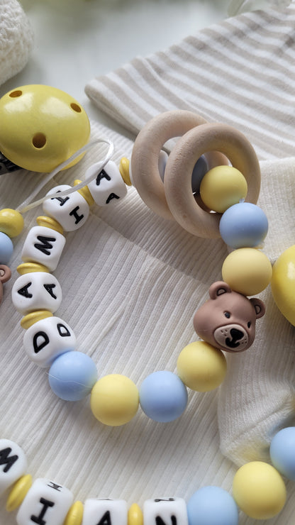 3er Set Schnullerkette Kinderwagenkette & Greifring mit Namen Bärchen gelb blau
