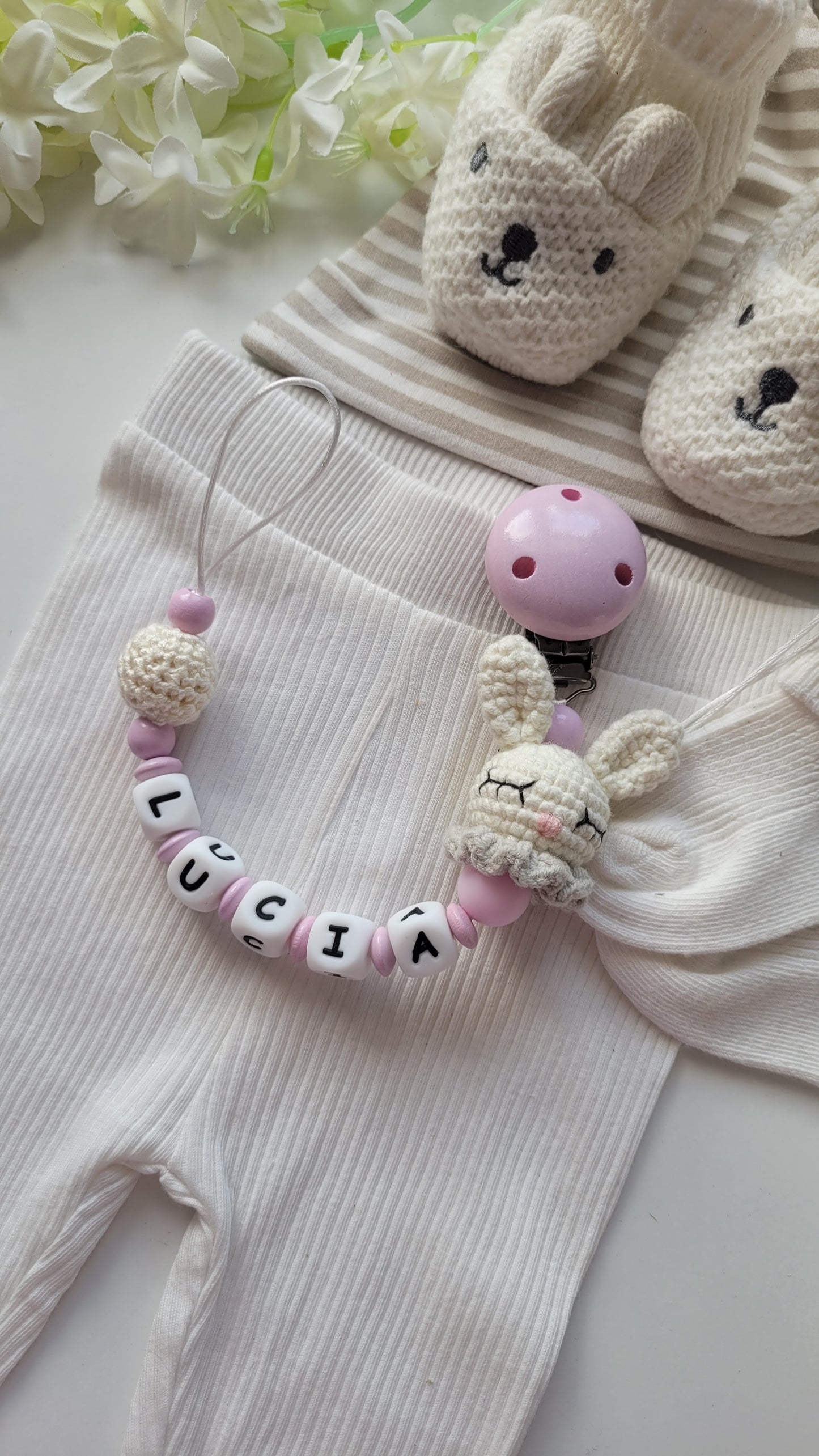 3tlg Set Schnullerkette Kinderwagenkette Beissring Hasen
