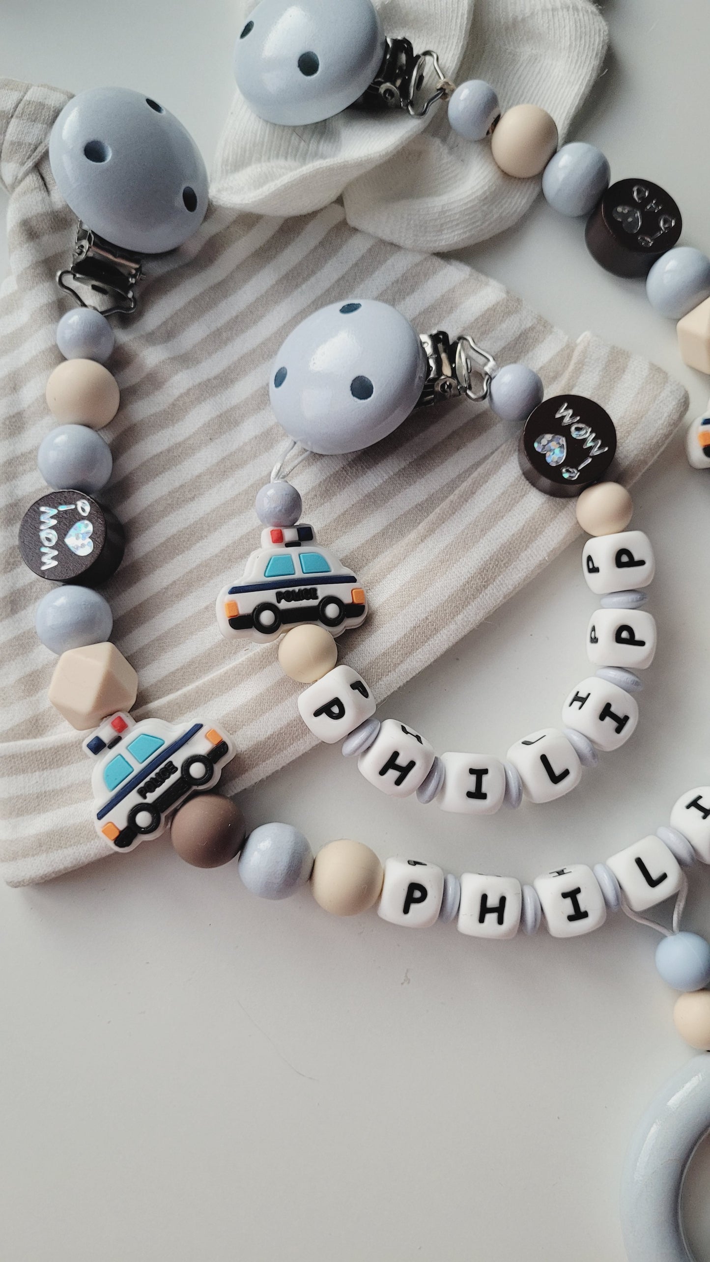 Kinderwagenkette & Schnullerkette mit Namen Polizei beige braun grau blau