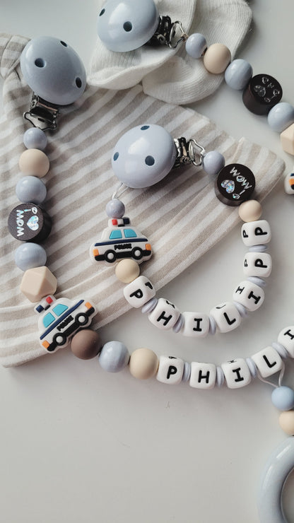 Kinderwagenkette & Schnullerkette mit Namen Polizei beige braun grau blau