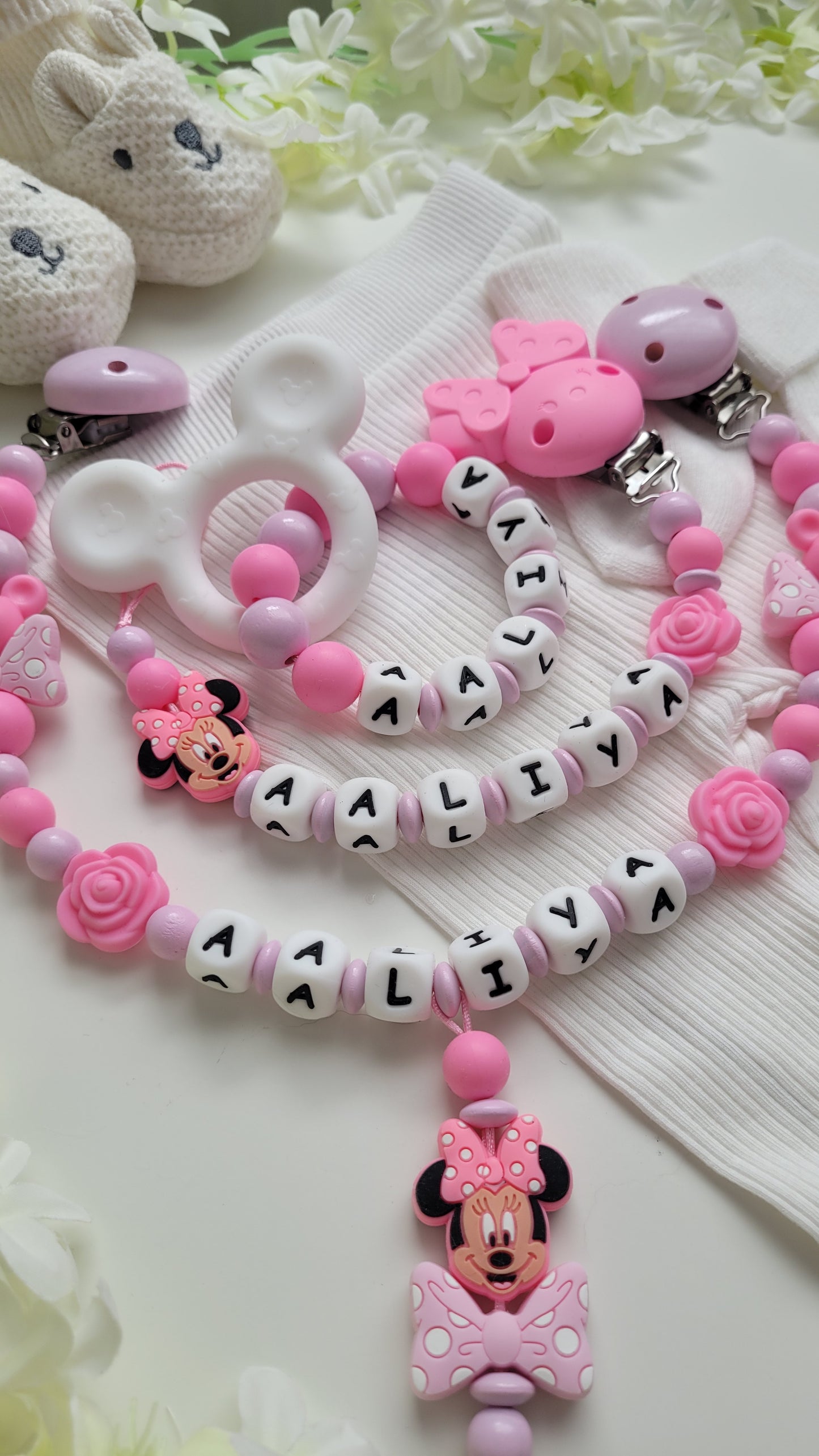 3tlg Set Pink Maus Schnullerkette Kinderwagenkette und Greifring