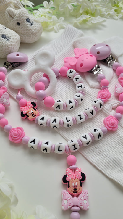 3tlg Set Pink Maus Schnullerkette Kinderwagenkette und Greifring