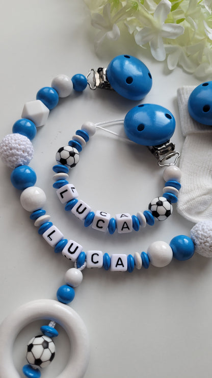 Kinderwagenkette & Schnullerkette  Fussball blau weiss