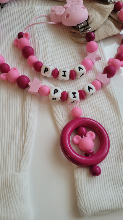 Kinderwagenkette & Schnullerkette mit Namen Maus pink