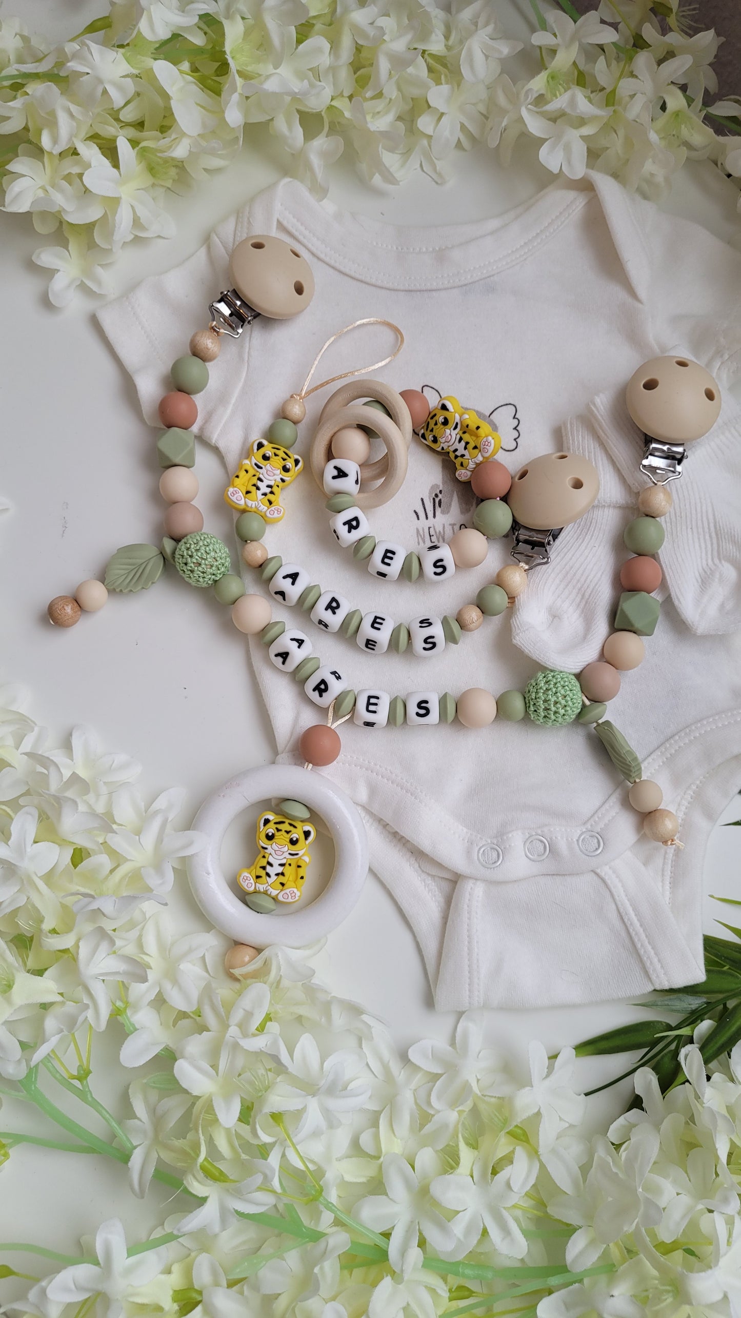 3tlg Set Schnullerkette Kinderwagenkette Greifling *Tiger* beige grün