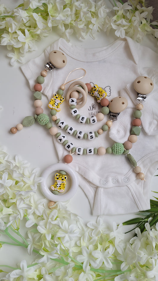 3tlg Set Schnullerkette Kinderwagenkette Greifling *Tiger* beige grün