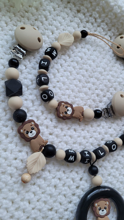 Kinderwagenkette & Schnullerkette Set Baby Löwe beige schwarz