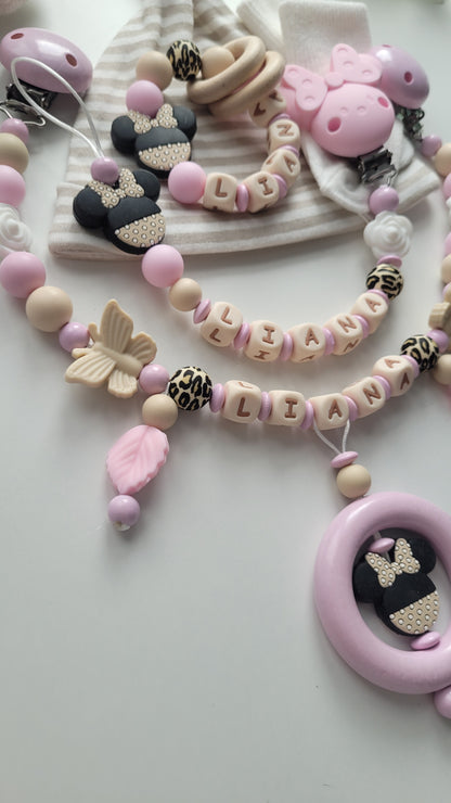 3er Set Schnullerkette Kinderwagenkette & Beissring mit Namen Mäuse & Schmetterlinge beige weiss rosa
