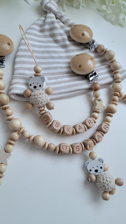 3tlg.Set Schnullerkette Kinderwagenkette & Greifring mit Namen Bärchen holz
