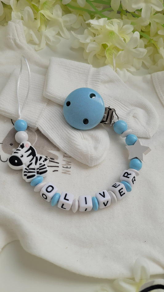 Schnullerkette Zebra mit Namen für Jungen blau