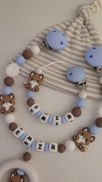 Kinderwagenkette & Schnullerkette Set Fuchs  für Jungen braun blau weiss
