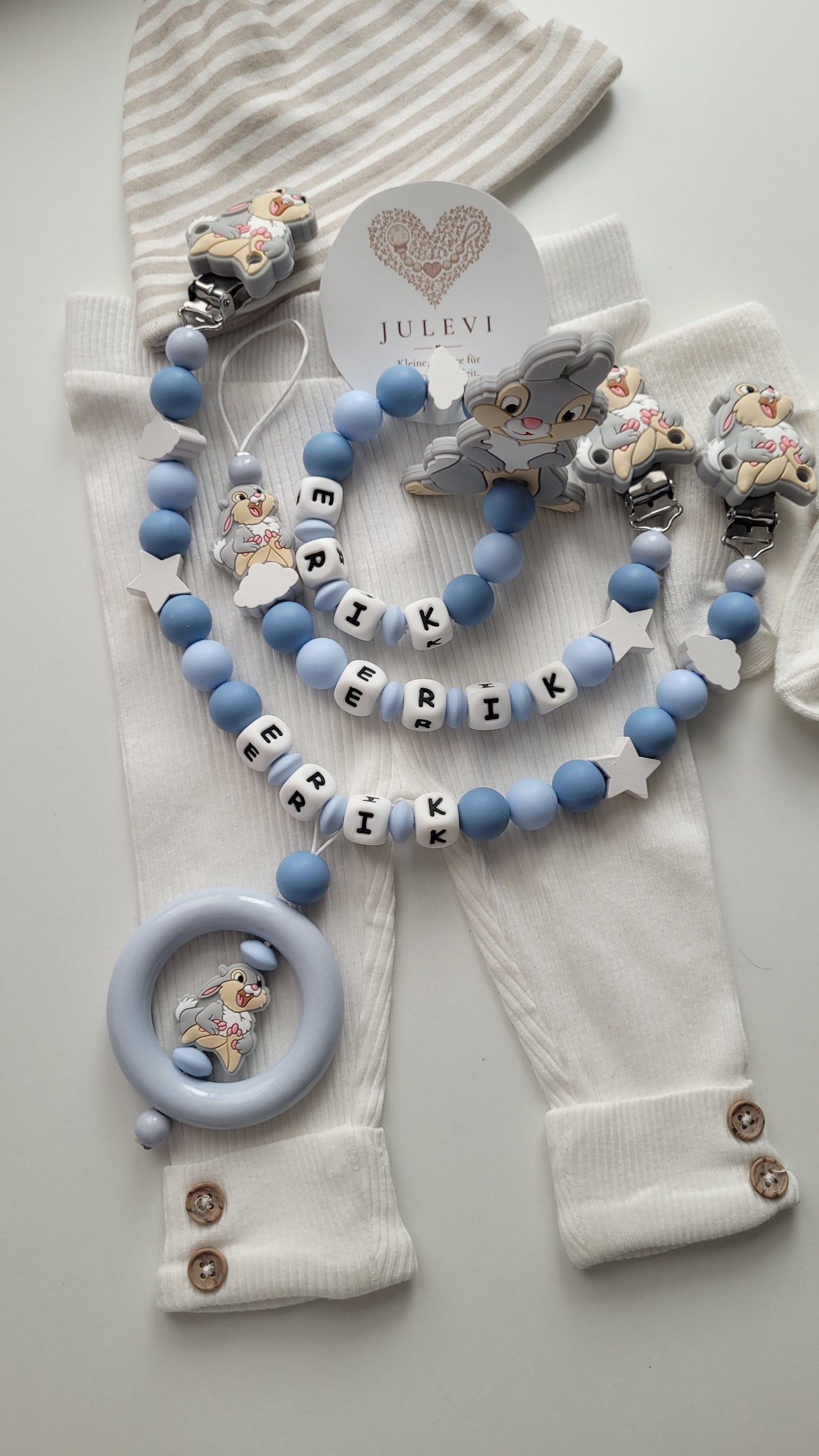 3tlg Set Schnullerkette Kinderwagenkette Beissring mit Namen Hase Wolken Sterne blau | personalisiert