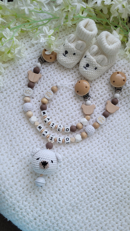 Kinderwagenkette & Schnullerkette Set Baby Teddy für Jungen braun weiss holz
