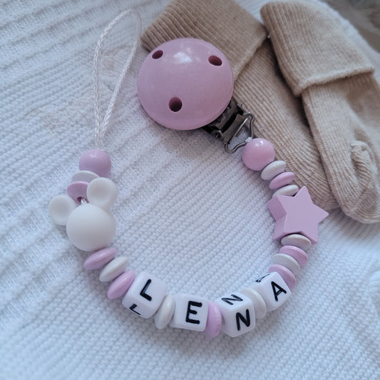 Schnullerkette mit Namen für Mädchen Maus & Stern rosa weiß