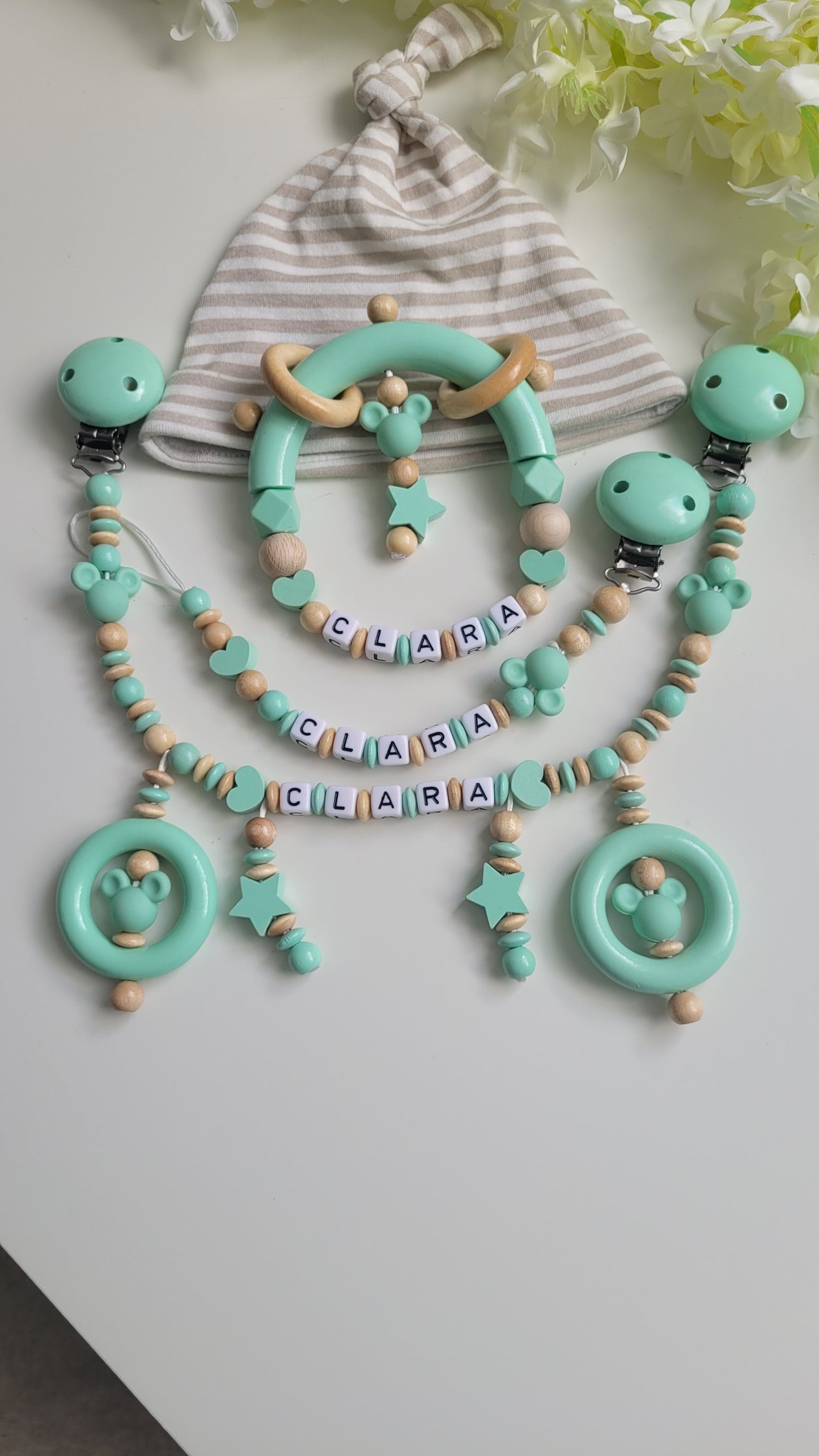 3tlg.Set Schnullerkette Kinderwagenkette & Greifring Maus mint holz Spielringe