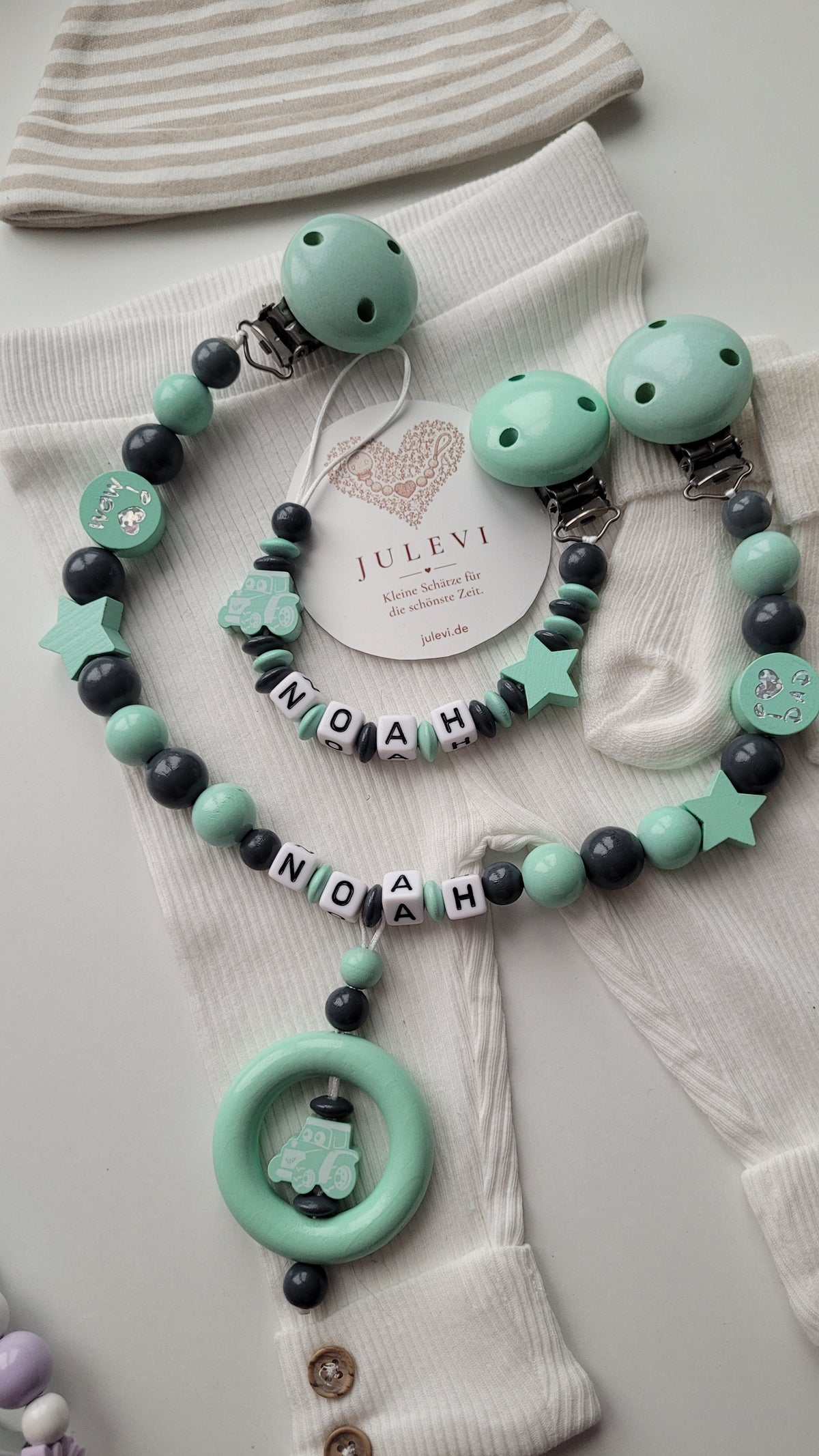 Kinderwagenkette & Schnullerkette Set mit Namen Traktor mint grau| personalisiert