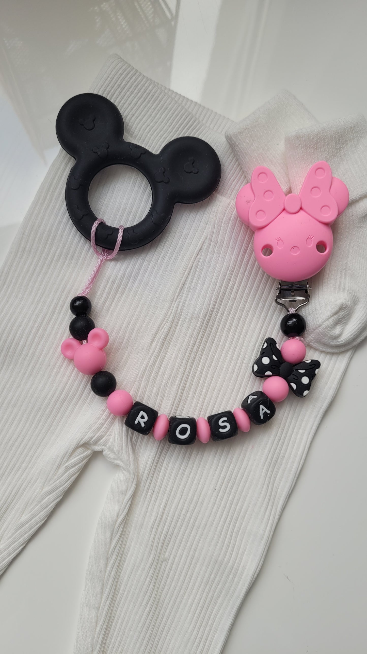 3 in 1 Beissring Schnullerkette mit Namen  Maus pink schwarz